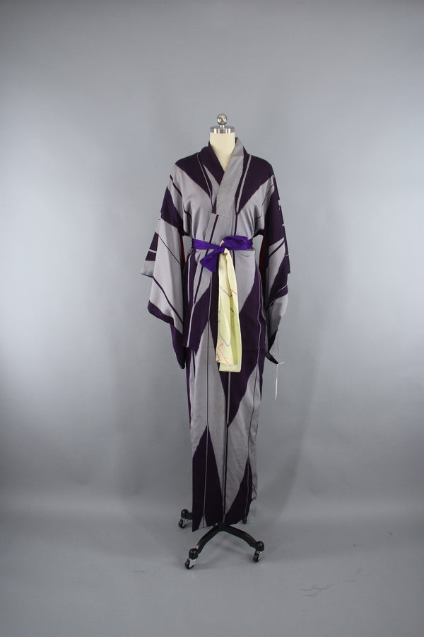 Vintage 1930s Silk Kimono Robe with Purple and Grey Meisen Chevron
