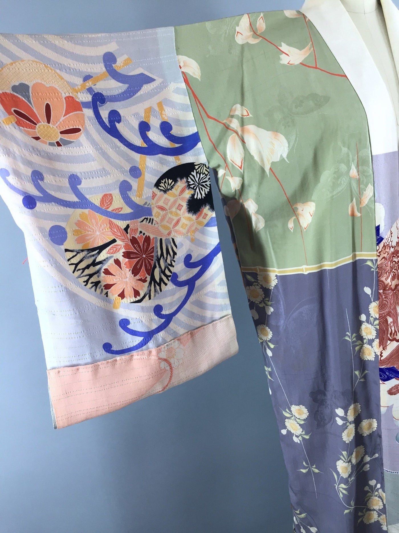 Vintage 1940s Silk Kimono Robe / Blue Green Floral Butterflies ...