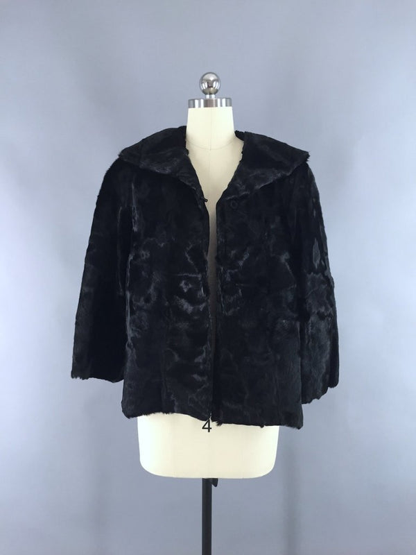 Vintage 1950s Black Fur Jacket Swing Coat