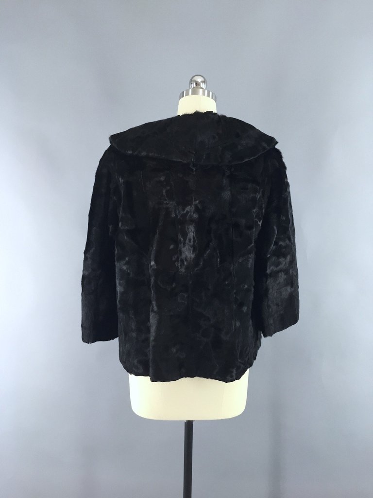 Vintage 1950s Black Fur Jacket Swing Coat