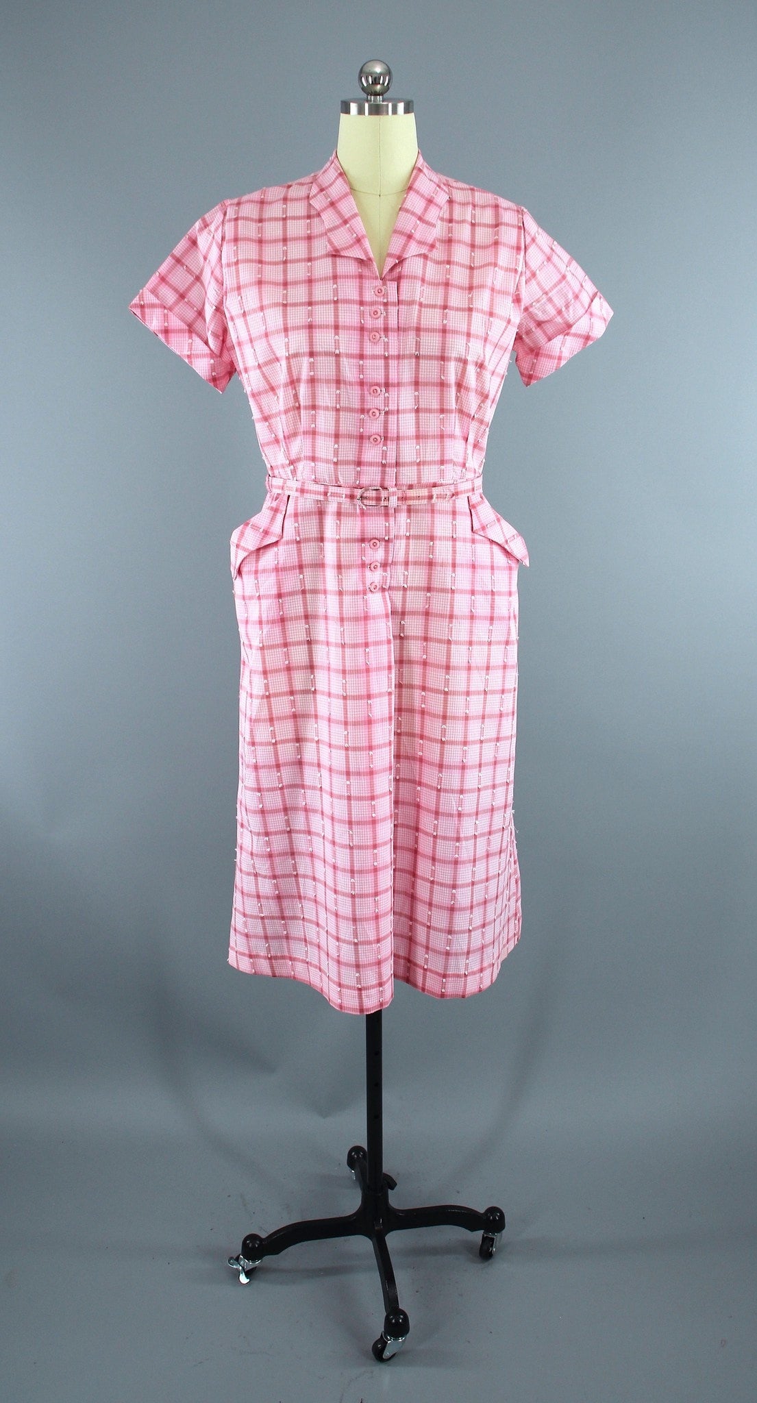 Vintage 1950s Dan River Day Dress / Pink & White Checkered Cotton