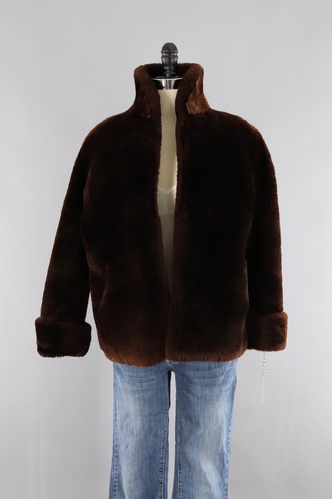 Vintage 1950s Dark Brown Mouton Lamb Sheared Fur Jacket