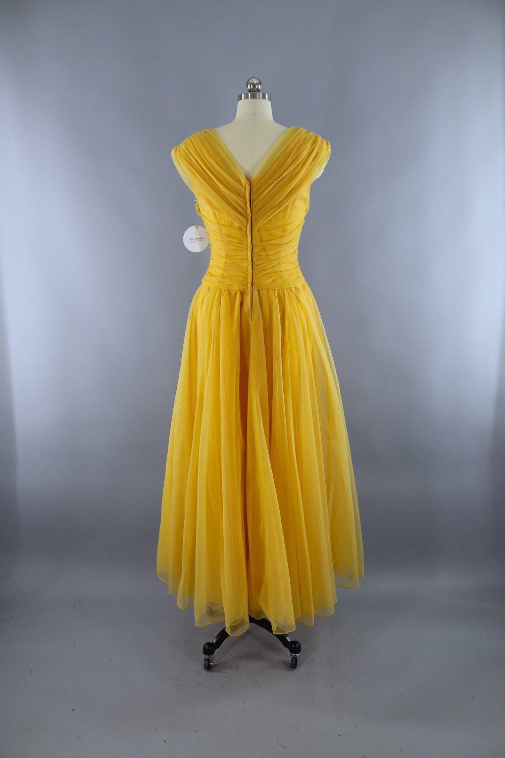 Vintage 1950s Mustard Yellow Gold Emma Domb Chiffon Party Dress ...