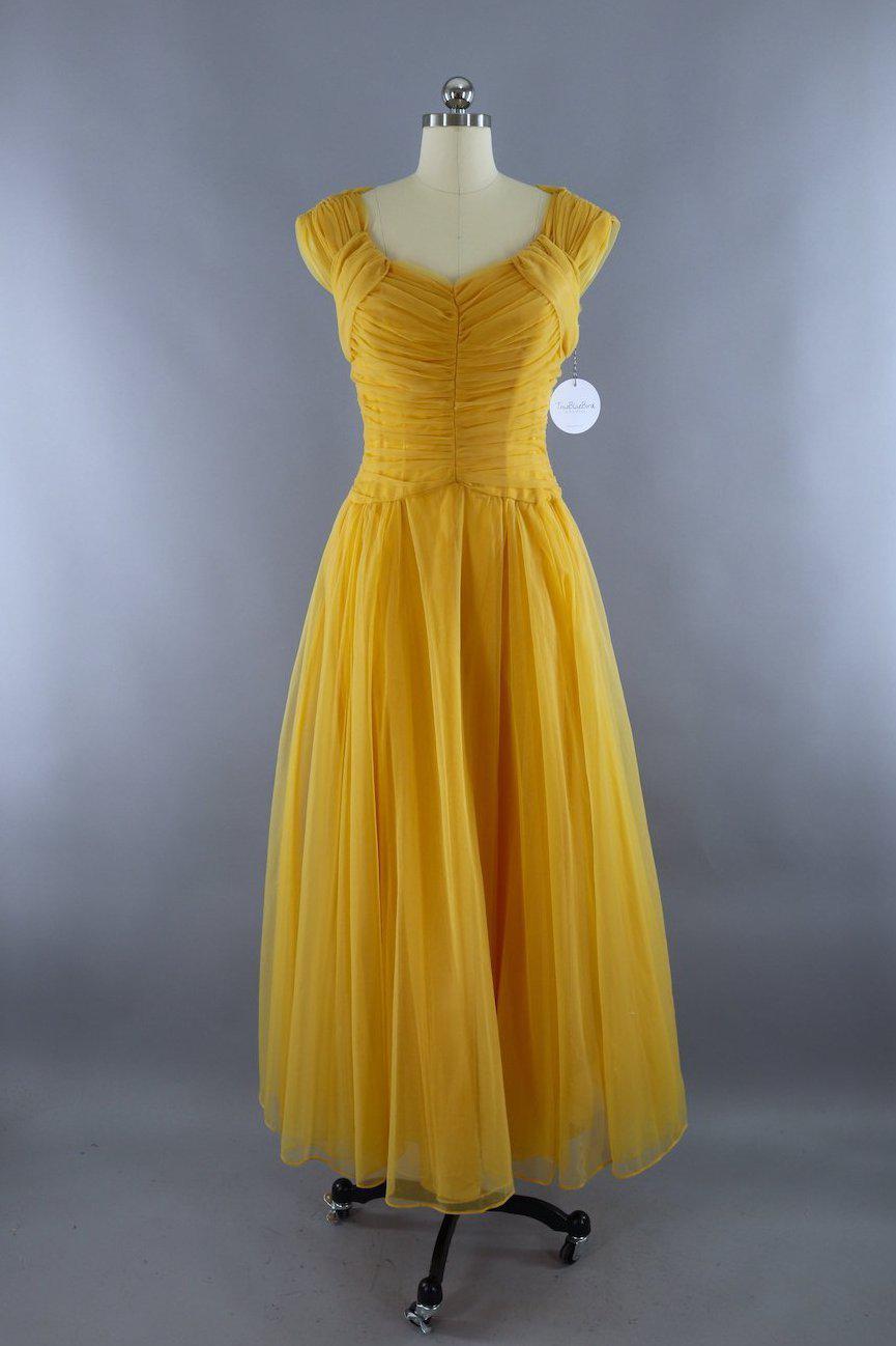 Vintage 1950s Mustard Yellow Gold Emma Domb Chiffon Party Dress ...