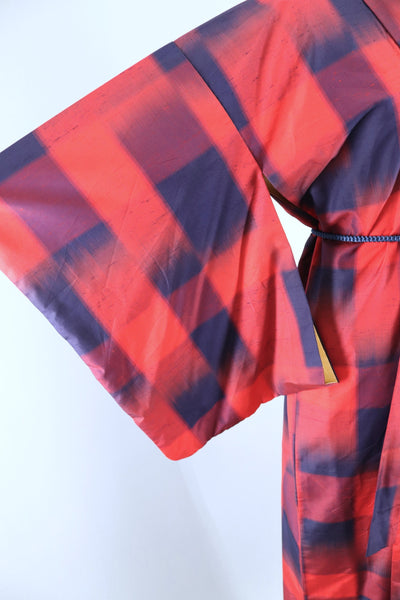 Vintage 1950s Raw Silk Kimono Robe / Navy Blue & Red Plaid - ThisBlueBird