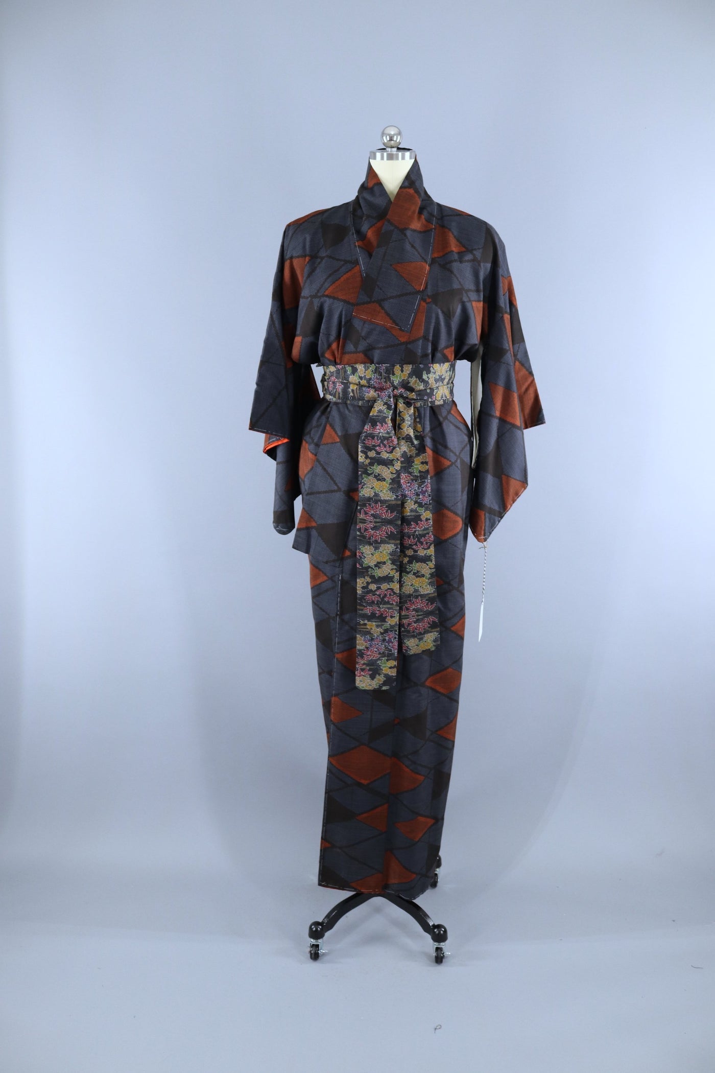 Vintage 1950s Silk Kimono Robe / Blue Black Orange Geometric Print ...
