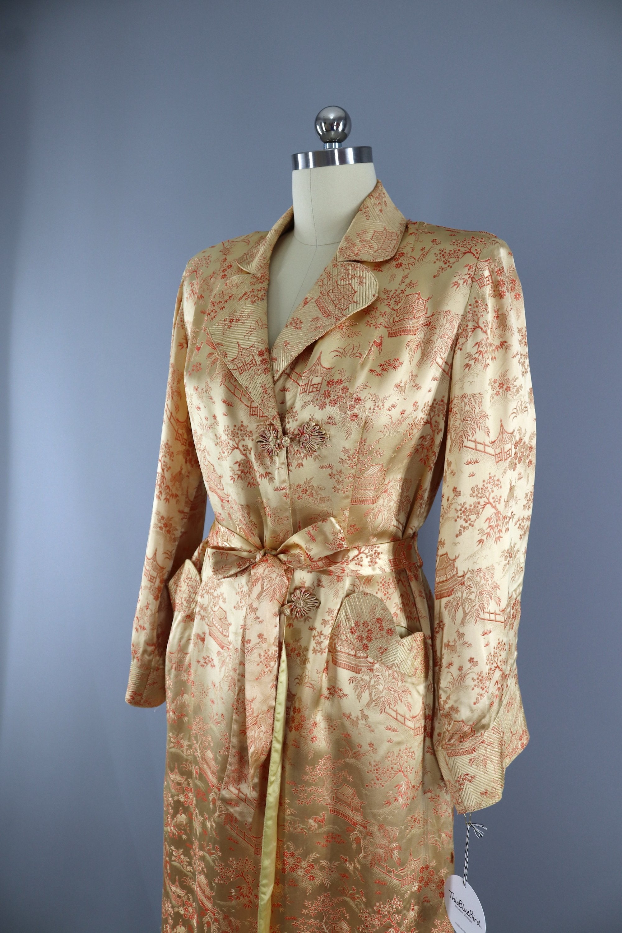 Vintage 1950s Vintage Gold Satin Robe Chinoiserie Dressing Gown 0279