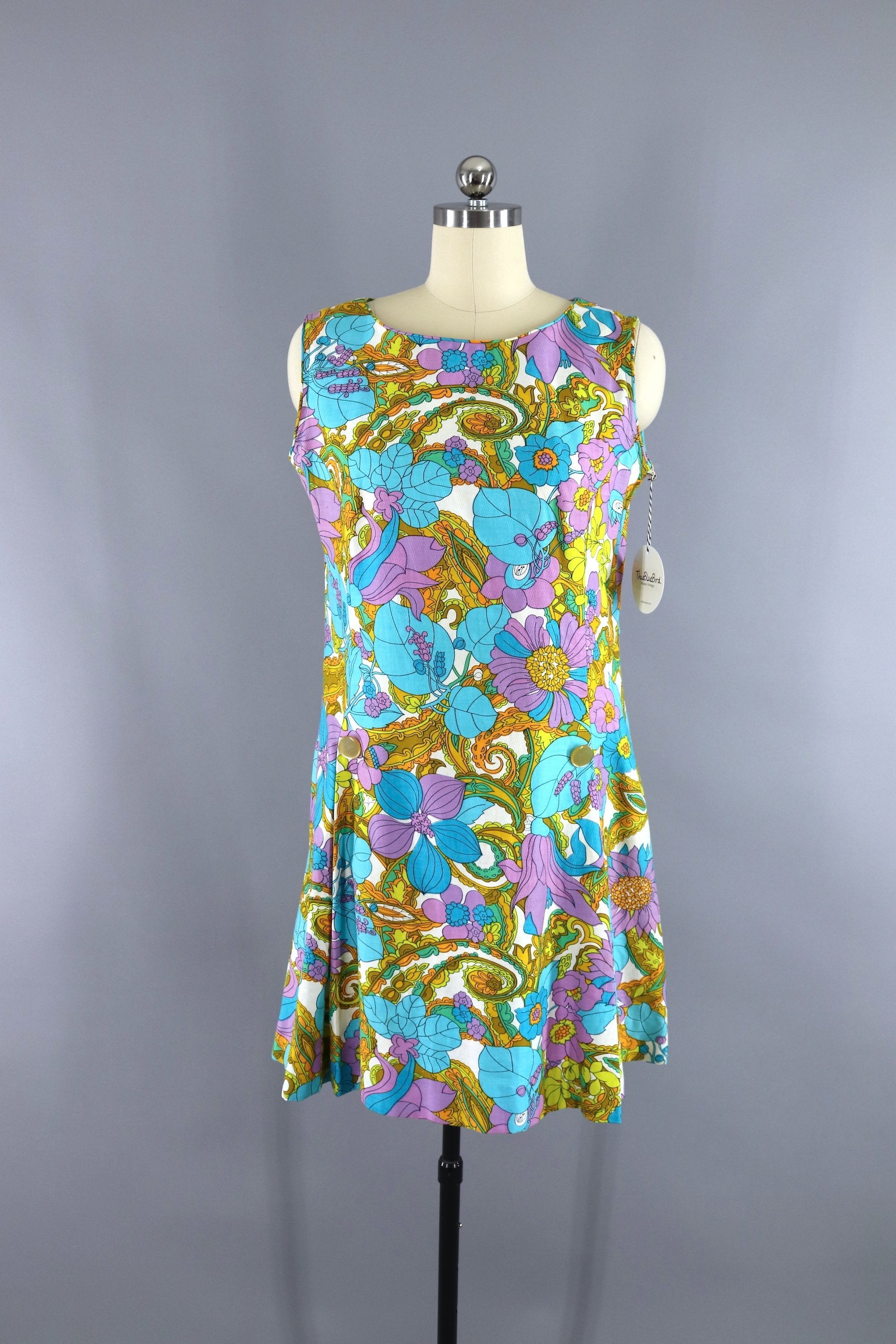 Vintage 1960s Betty Hartford Aqua Blue Mod Floral Print Day Dress ...