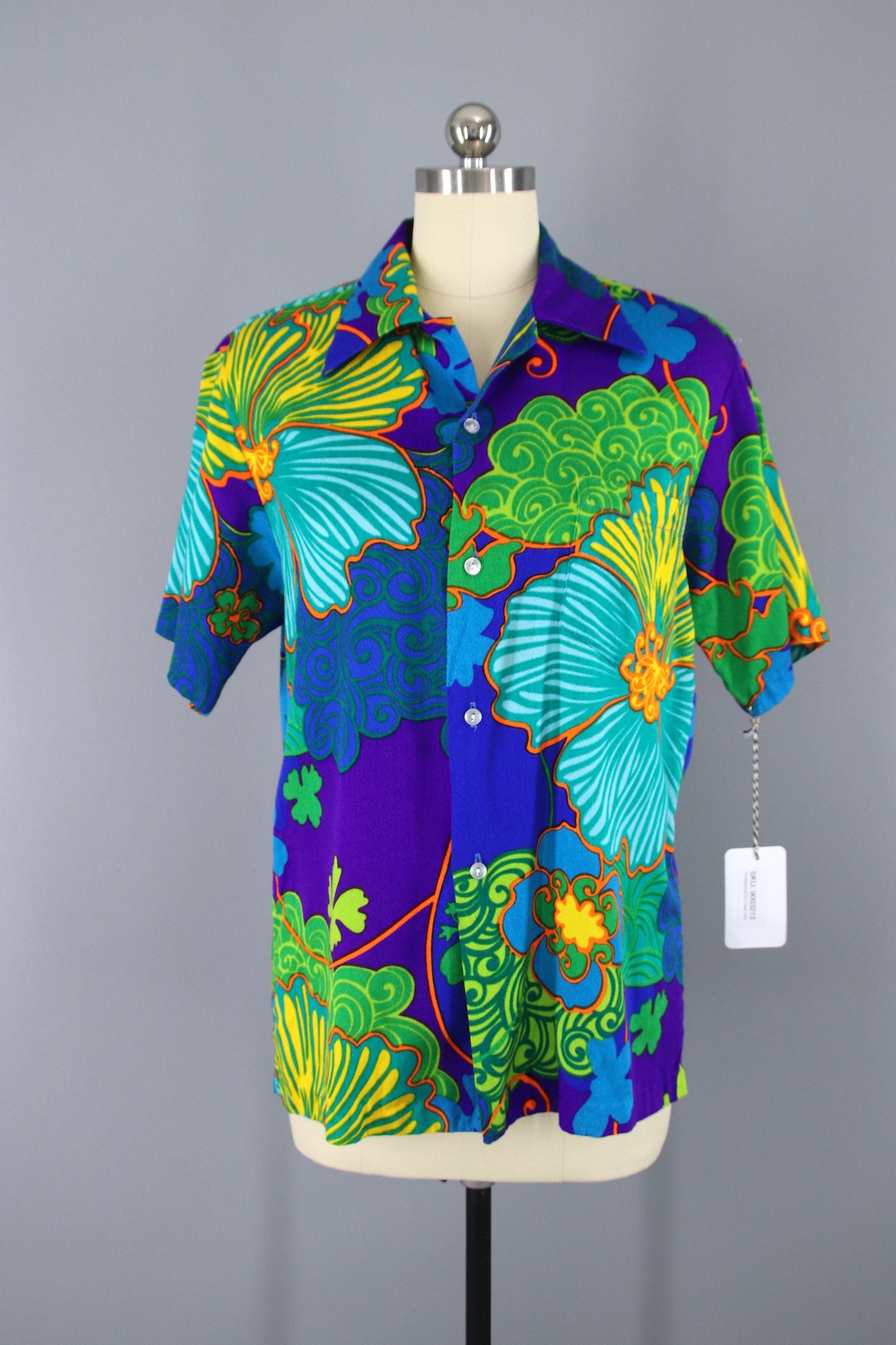 Vintage 1960s Blue Aloha Shirt / Hawaiian Palms
