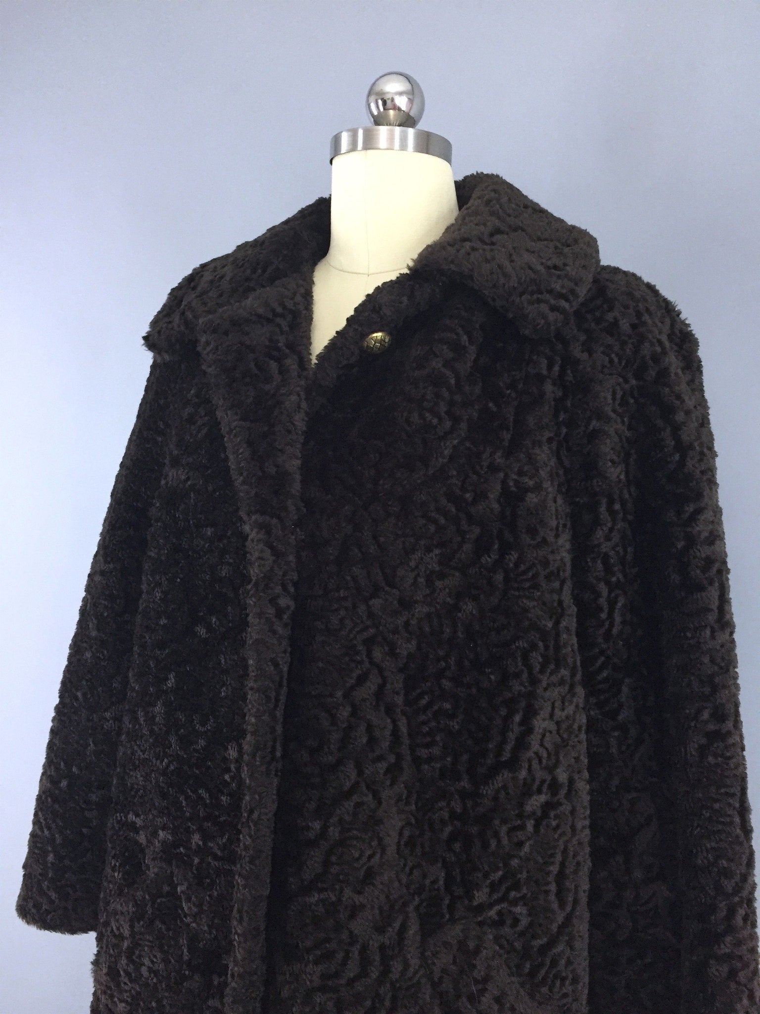 Vintage 1960s Brown Curly Lambswool Faux Fur Coat