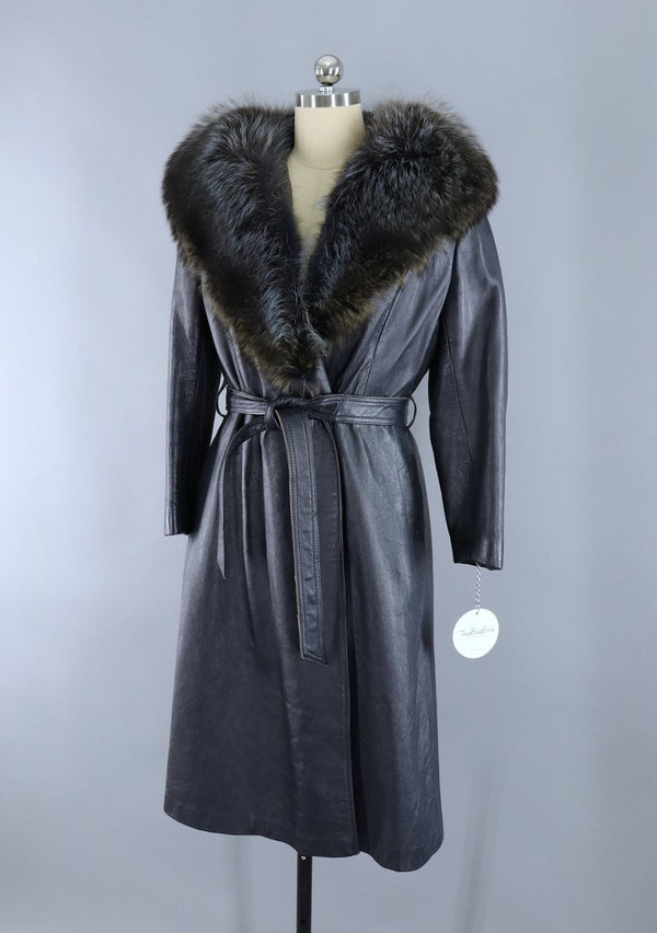 Vintage 1960s Charcoal Blue Grey Leather Coat