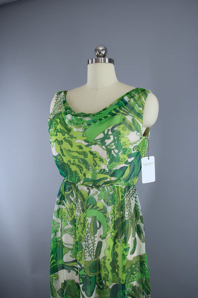 Vintage 1960s Green Floral Print Silk Chiffon Maxi Dress – ThisBlueBird