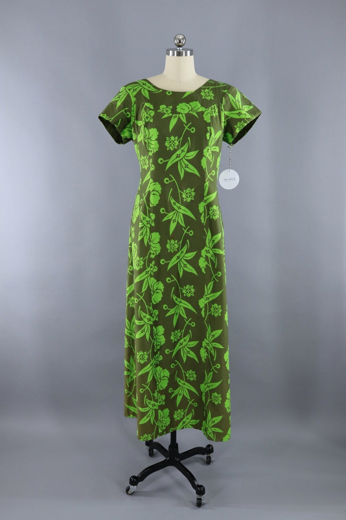 Vintage 1960s Hawaiian Maxi Dress / Olive Green Floral Print – ThisBlueBird