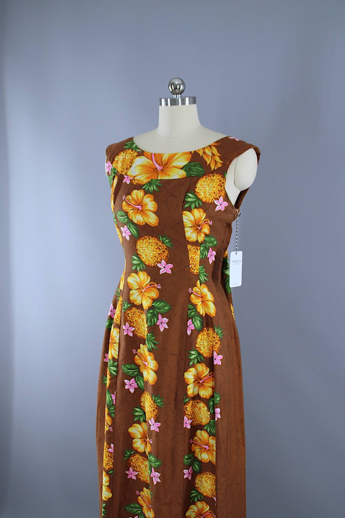 Vintage 1960s Hawaiian Paradise Maxi Dress / Brown Floral Print
