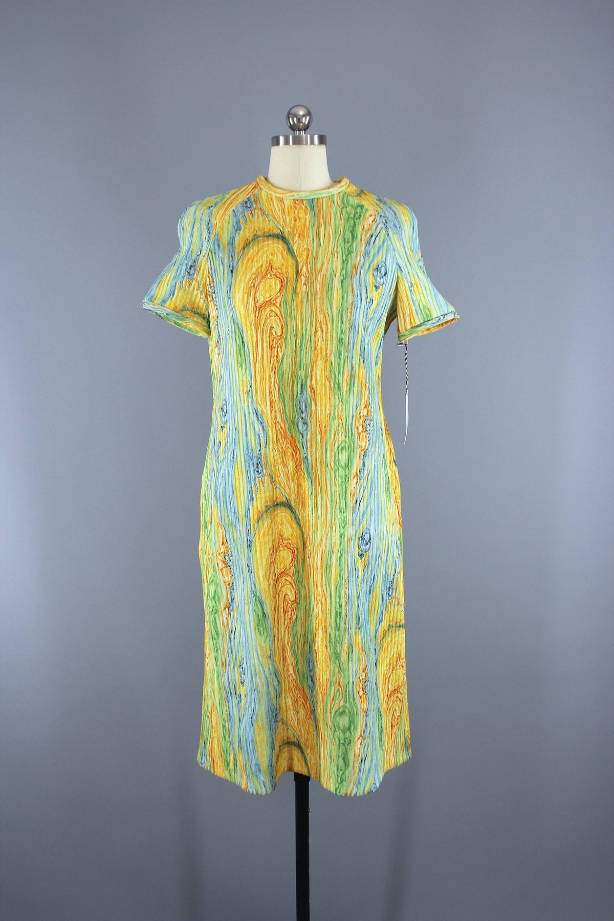 Vintage 1960s Knit Sweater Dress in Yellow Aqua Psychedelic Swirl / Le