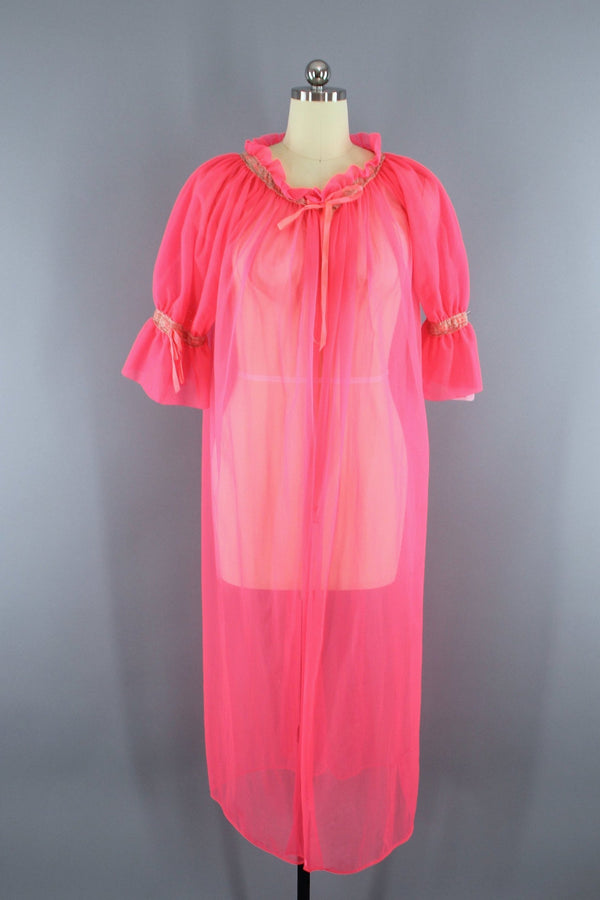 Vintage 1960s NEON Pink Chiffon Peignoir Robe
