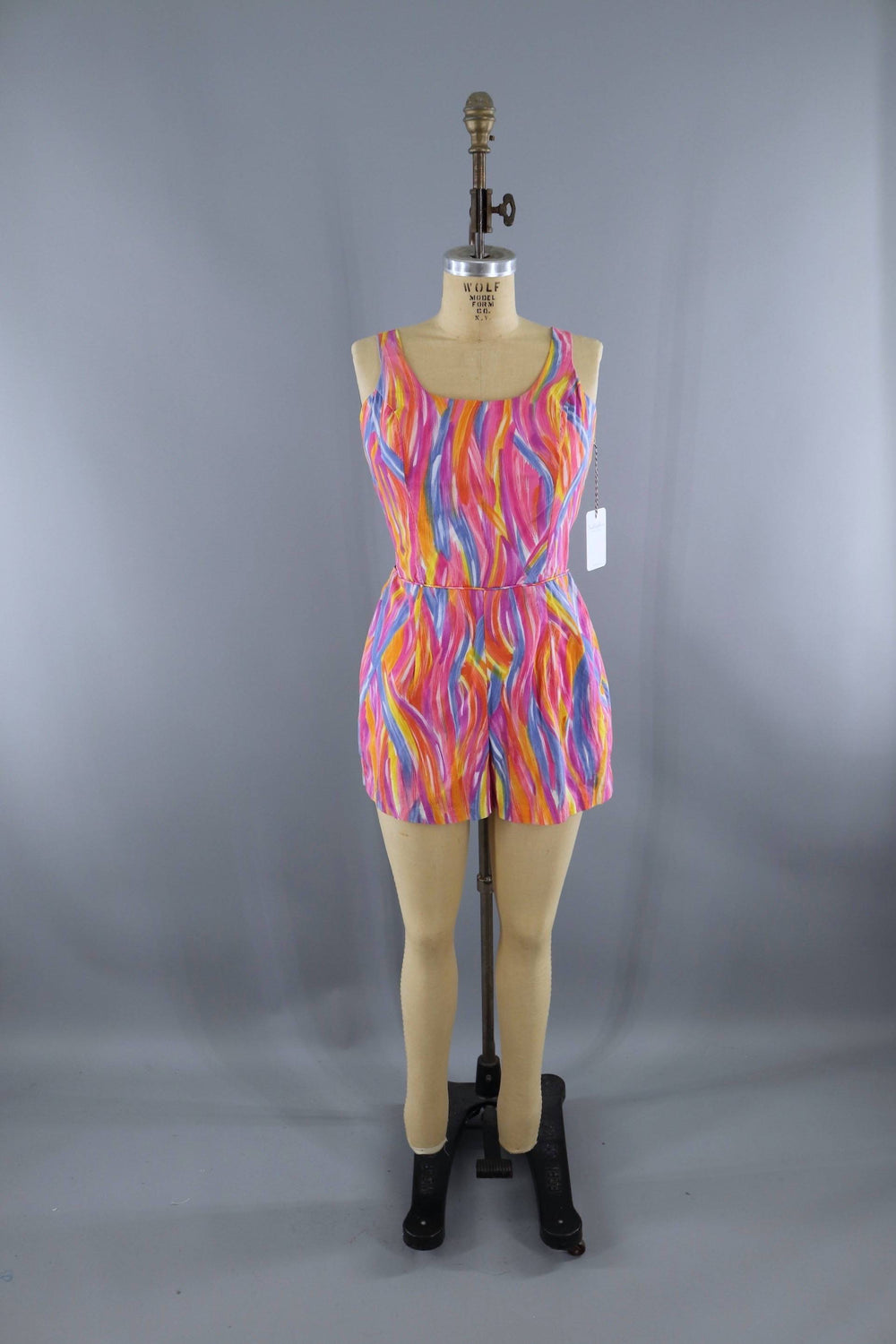 Vintage 1960s Read's Romper Swim Playsuit / Pink Abstract Print Cotton