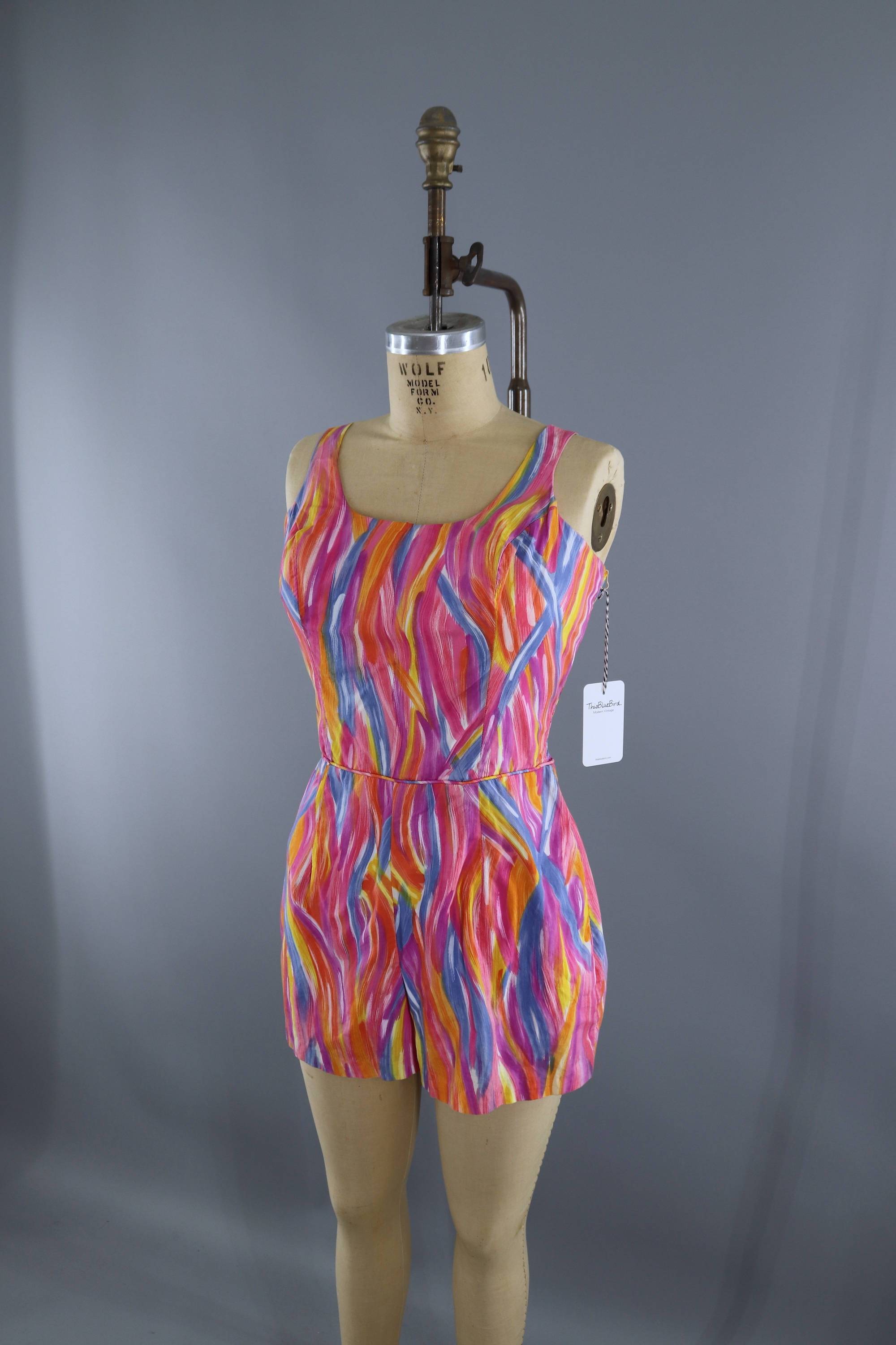 Vintage 1960s Read's Romper Swim Playsuit / Pink Abstract Print Cotton