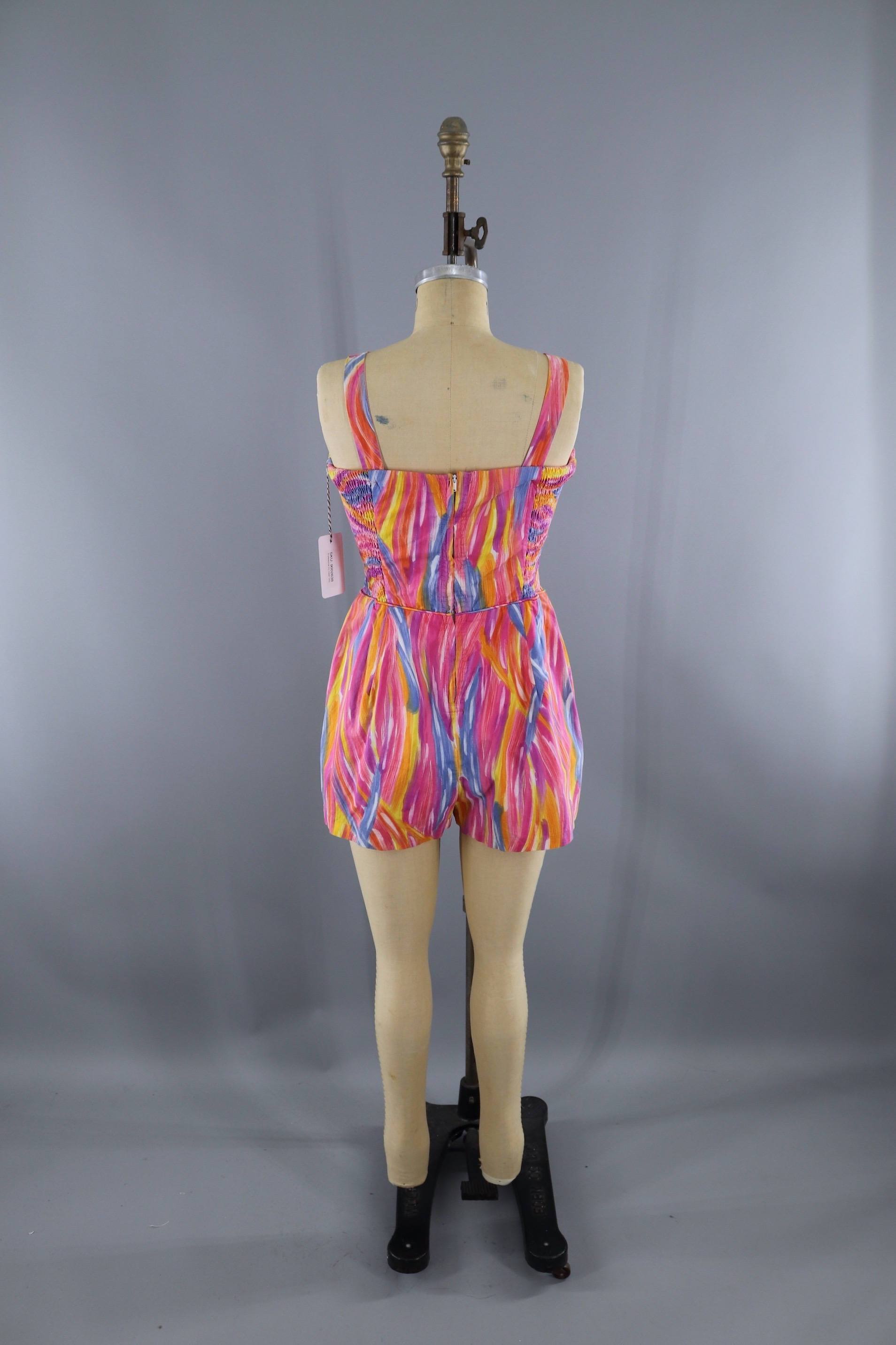 Vintage 1960s Read's Romper Swim Playsuit / Pink Abstract Print Cotton