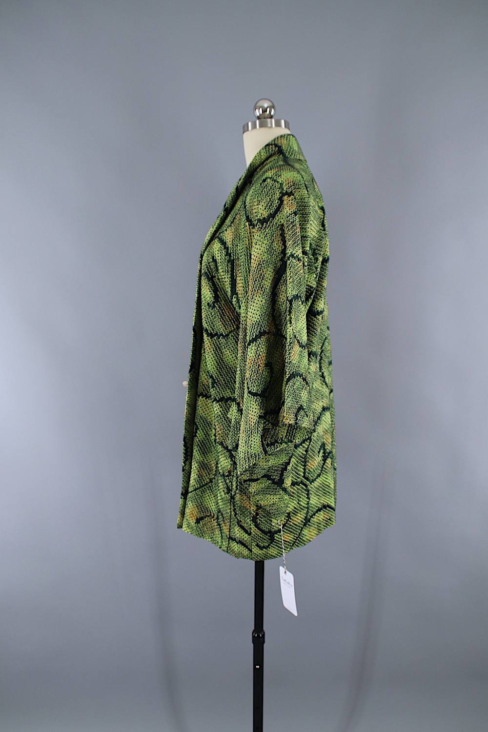 Vintage 1960s Silk Haori Kimono Jacket / Green & Black Shibori Dyed