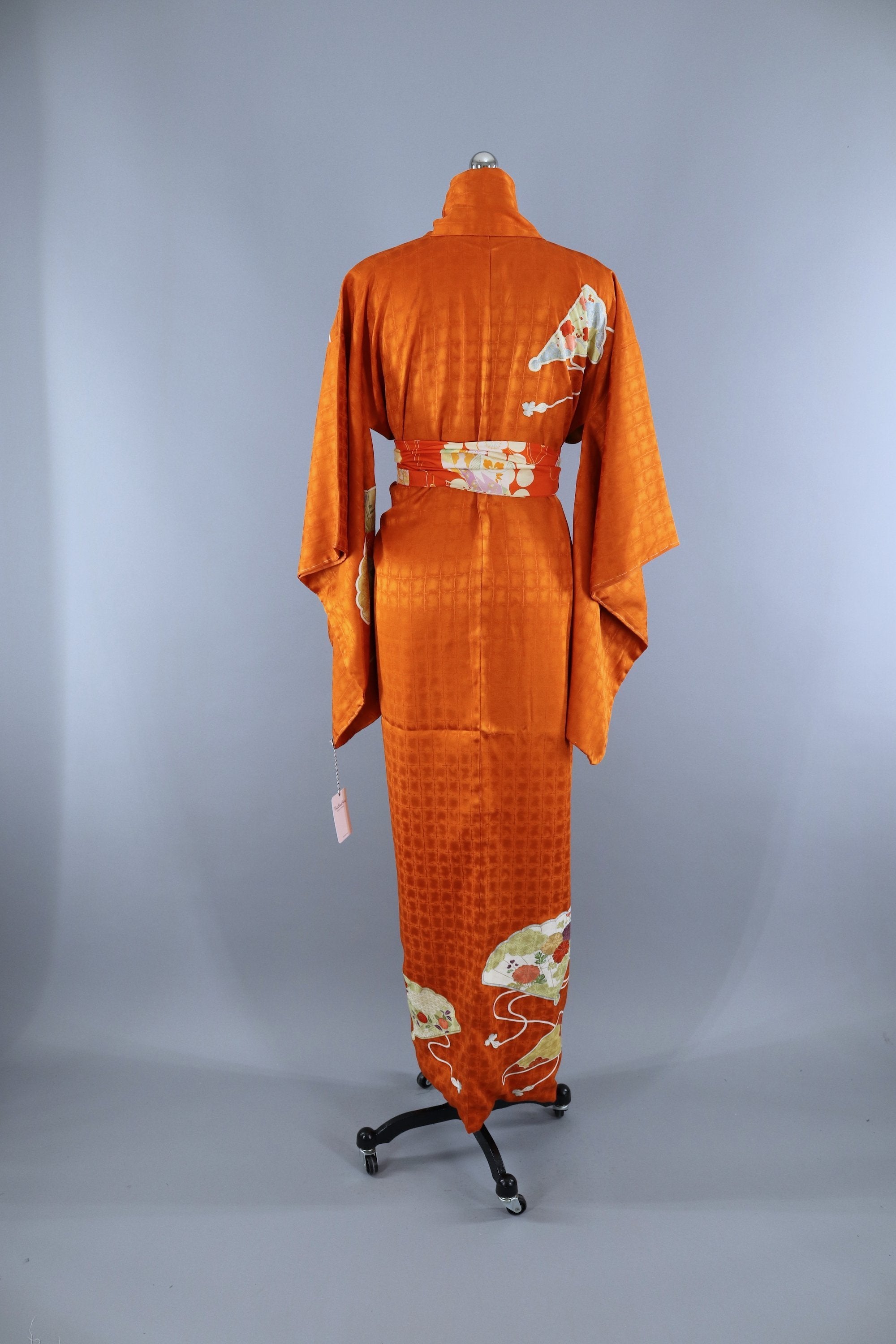 Vintage 1960s Silk Kimono Robe / Bright Orange Fans