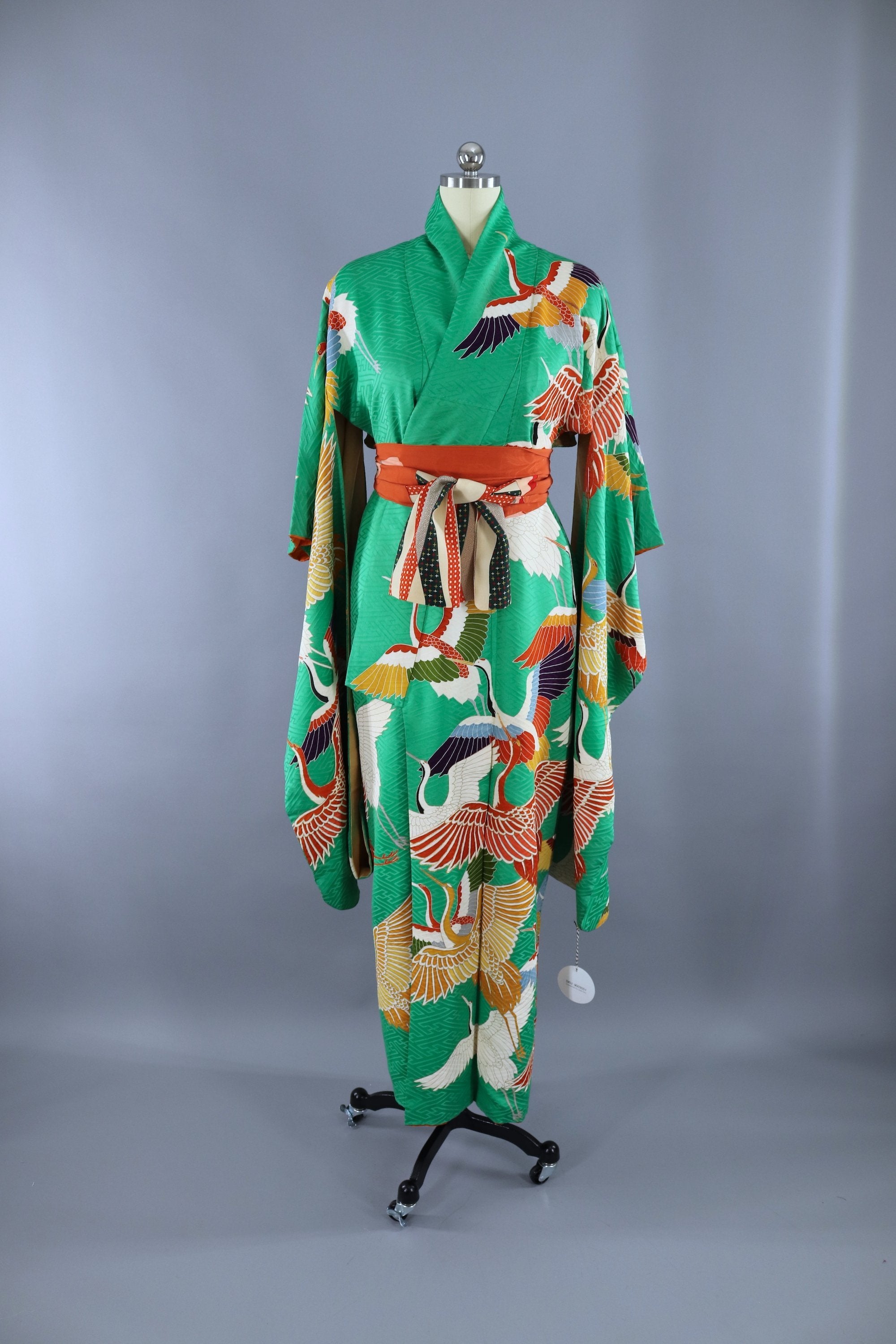 Vintage 1960s Silk Kimono Robe Furisode / Bright Green Flying Crane Bi