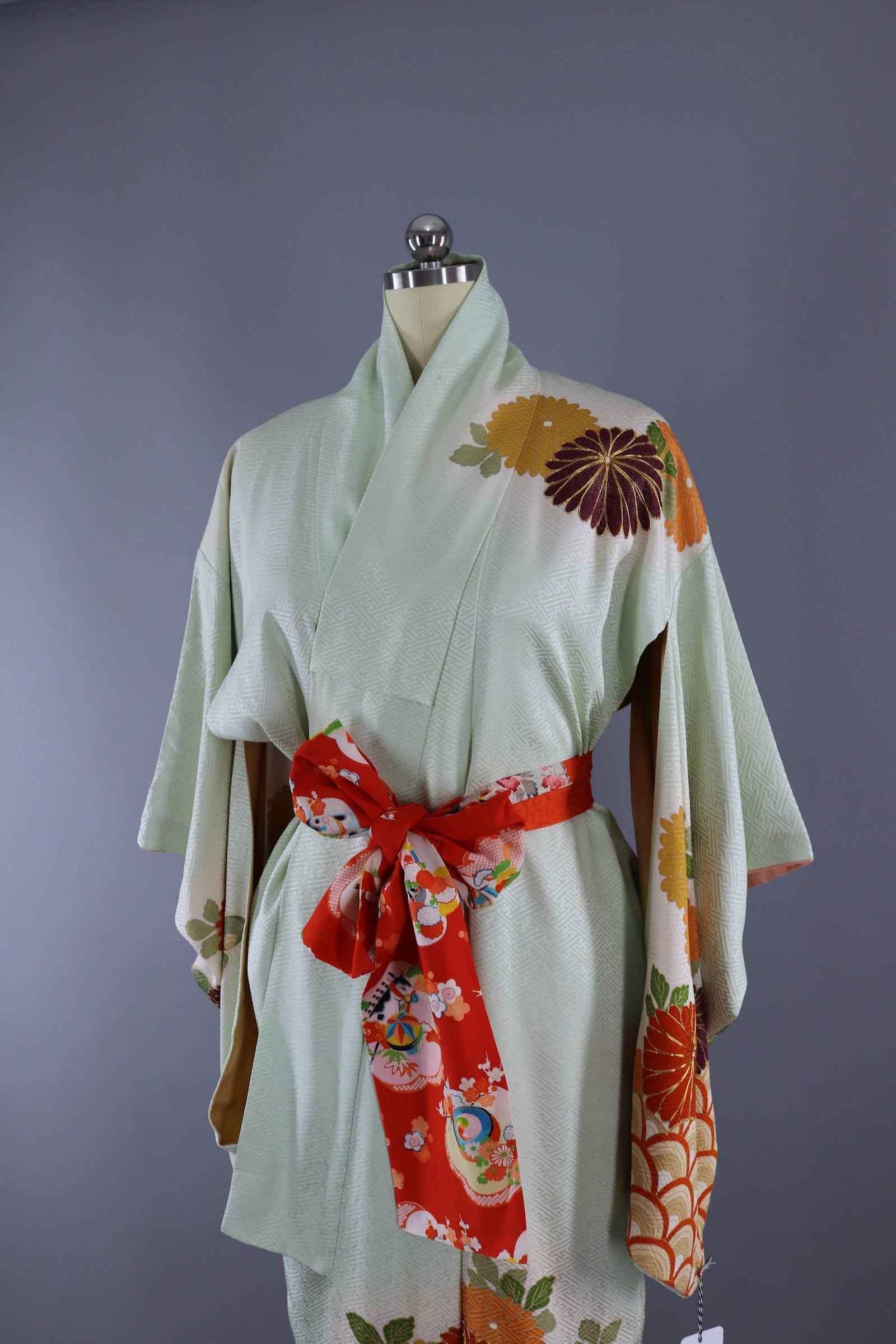 Vintage 1960s Silk Kimono Robe / Green & Orge Floral Seigaiha
