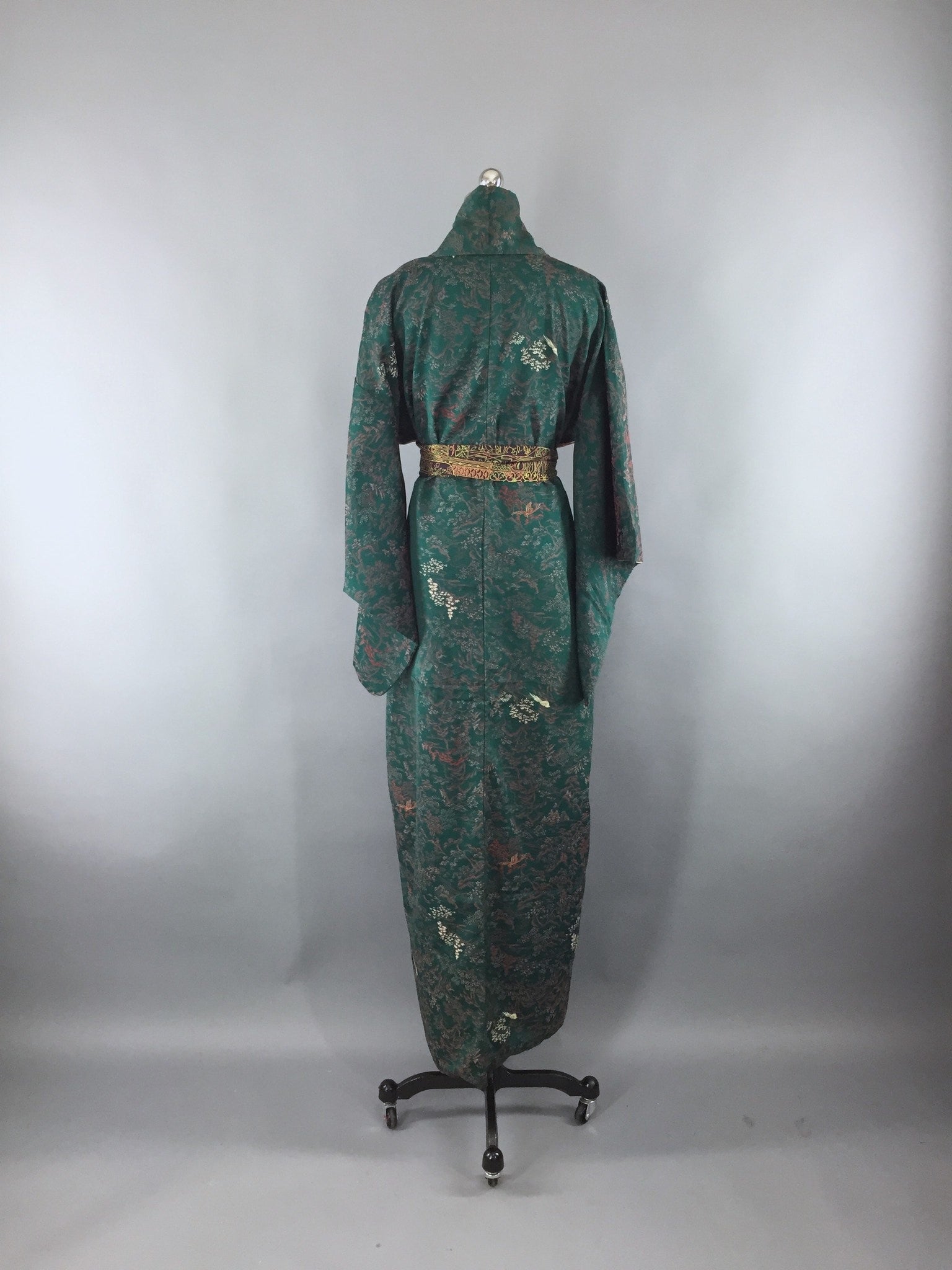 Vintage 1960s Silk Kimono Robe / Omeshi Green Birds Trees