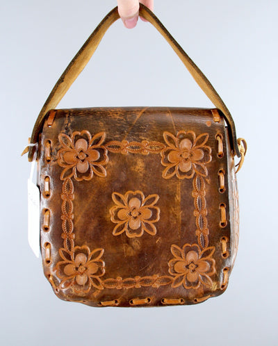 Vintage 1960s Tooled Leather Handbag Purse / Hippie Bohemian Boho