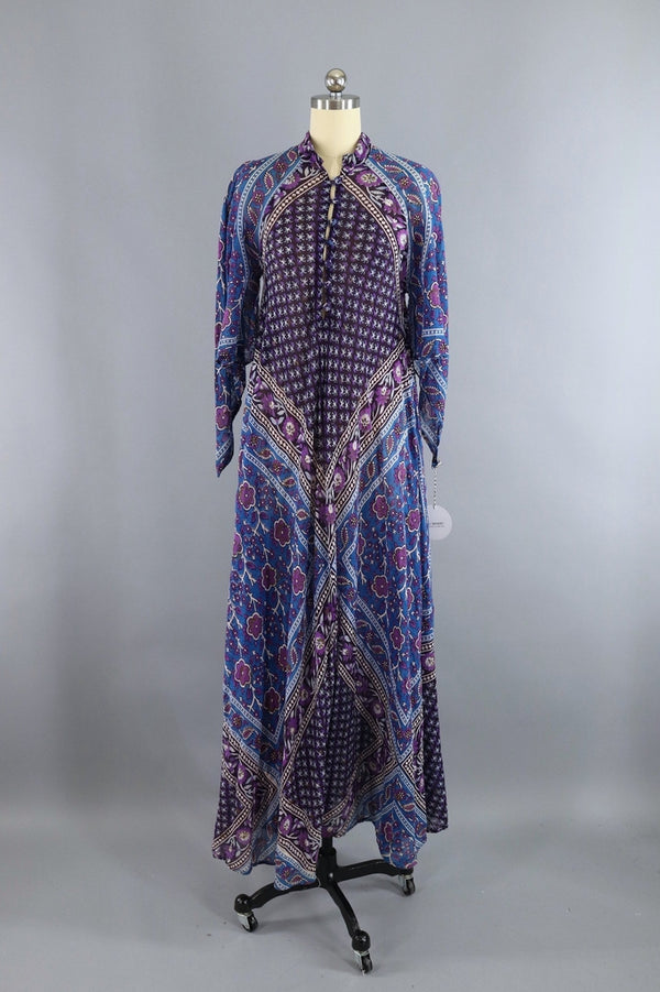 Vintage 1970s Indian Cotton Maxi Dress / ADINI / Blue & Purple Floral