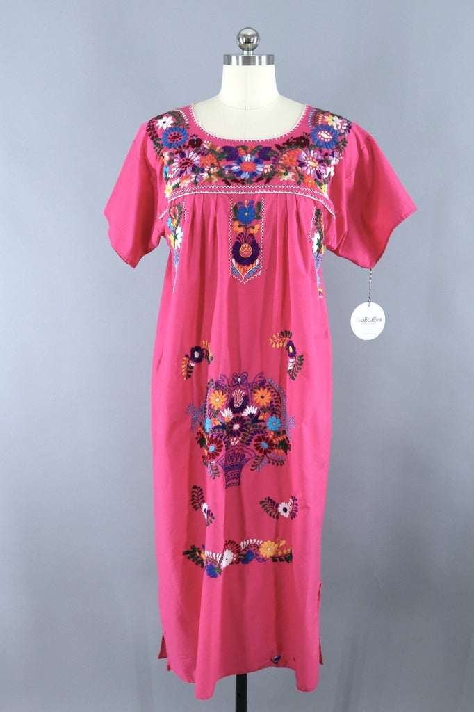 Vintage 1970s Oaxacan Mexican Embroidered Caftan Dress / Pink Floral ...