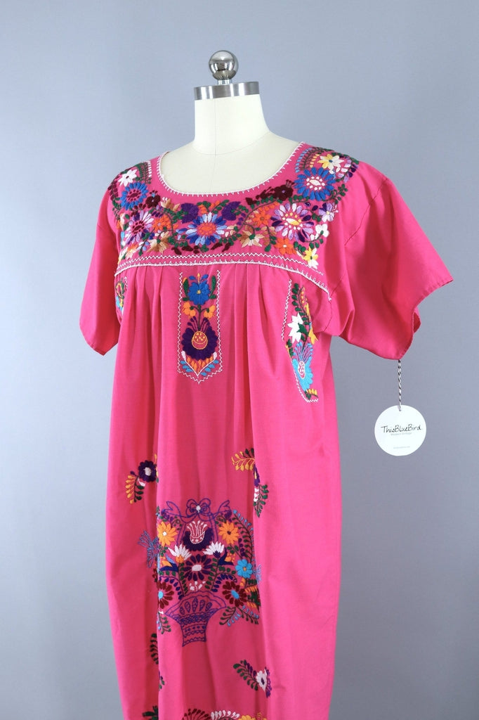 Vintage 1970s Oaxacan Mexican Embroidered Caftan Dress / Pink Floral ...