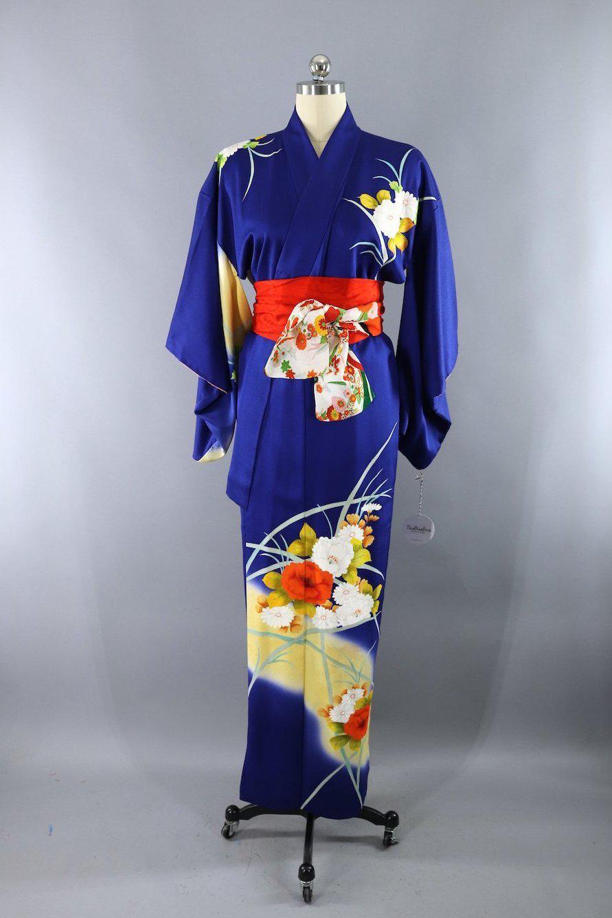 Vintage Silk Kimono Robe / Blue and Gold Floral – ThisBlueBird