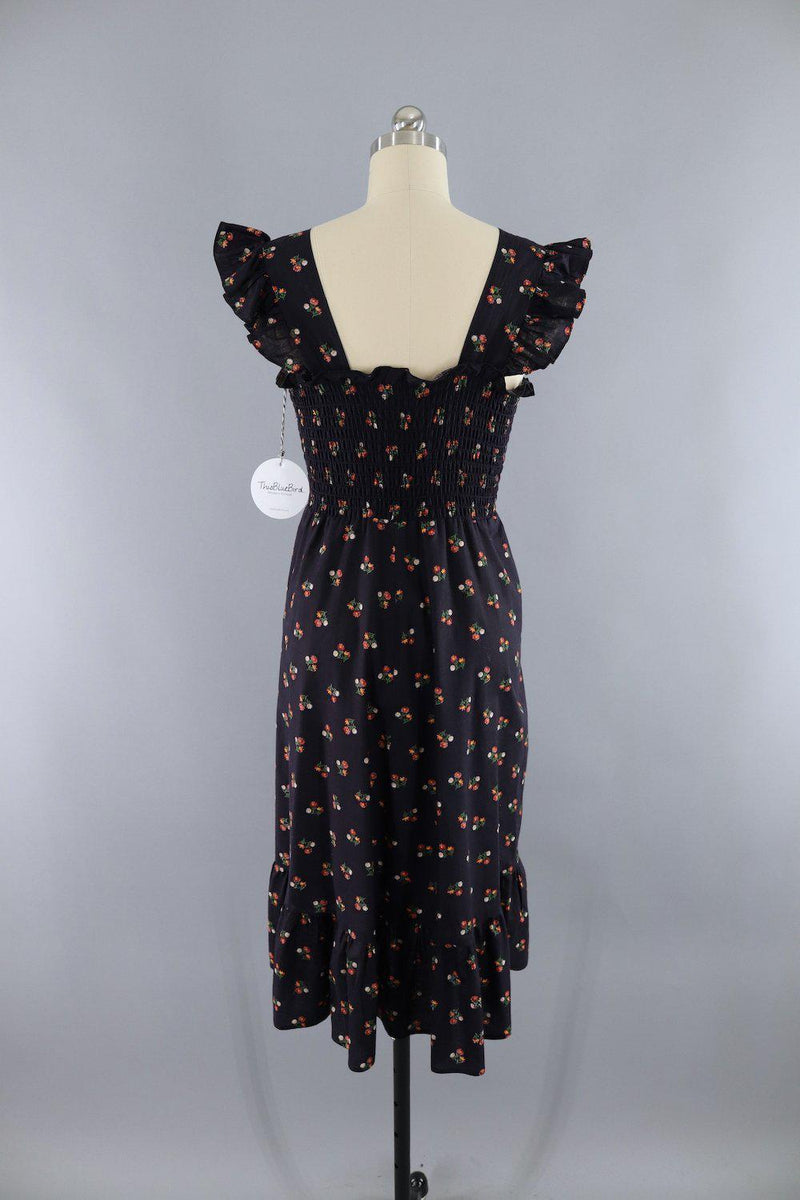 Vintage 1980s Black Floral Print Smocked Sundress