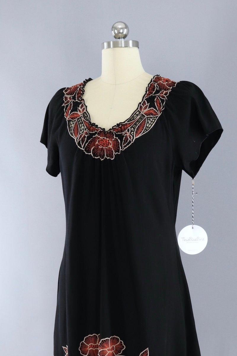 Vintage 1980s Black Floral Summer Dress