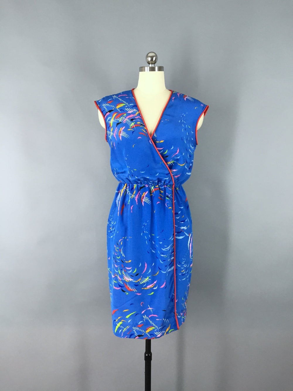 Vintage 1980s Dress / Blue Novelty Print Day Dress