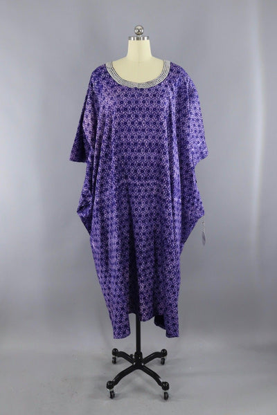 Vintage 1980s Purple Cotton Caftan Dress with White Embroidery ...