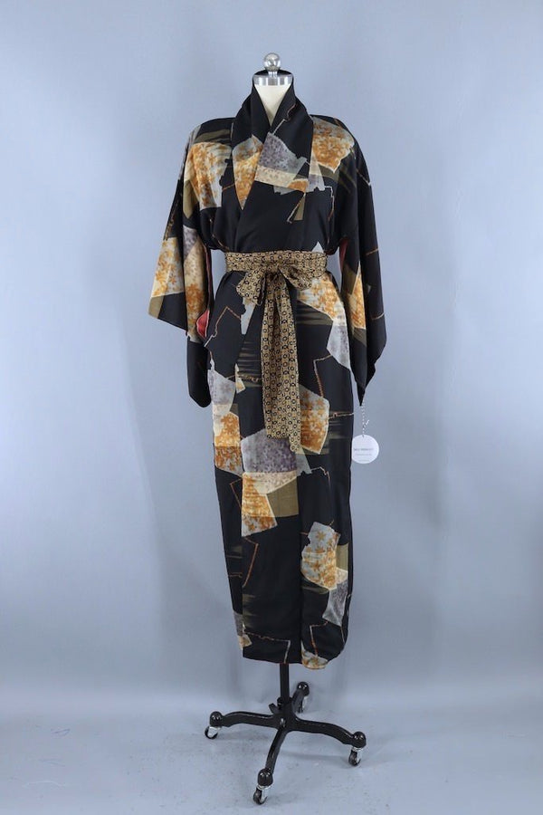 Vintage Black Gold Ikat Kimono Robe