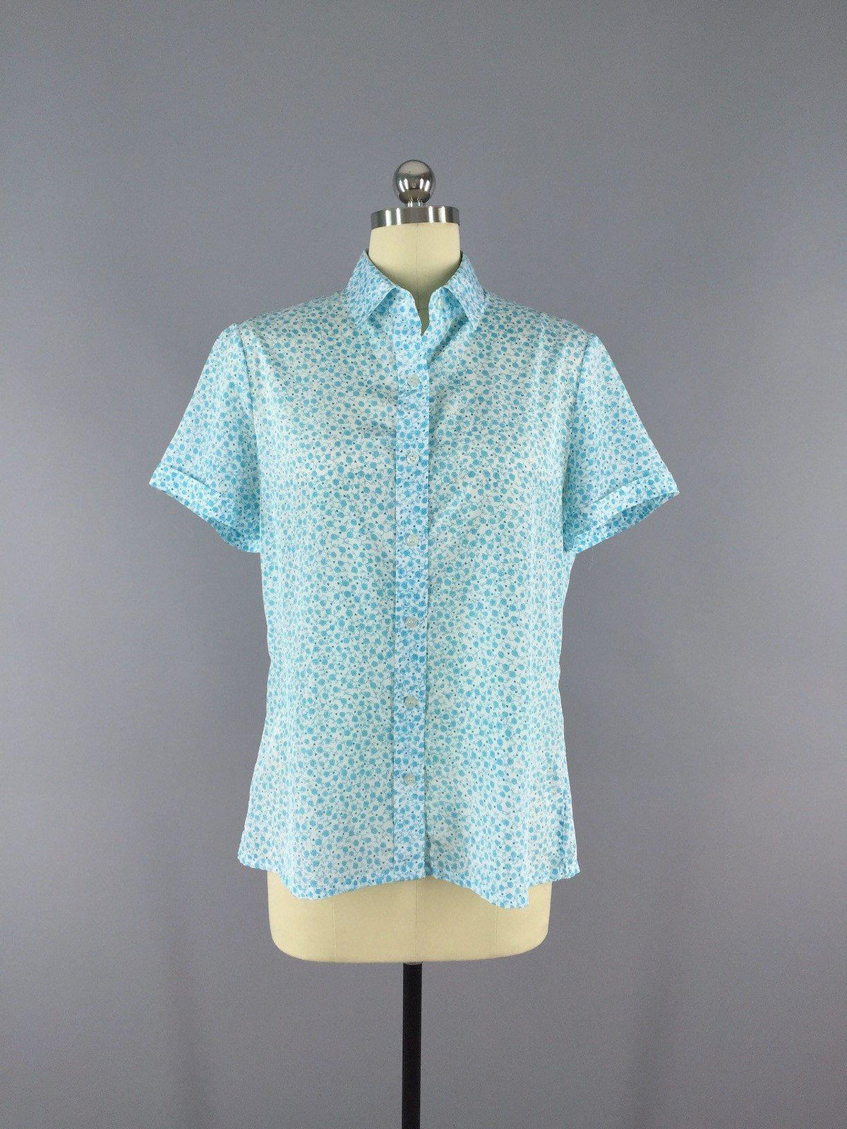 Vintage Blouse / Aqua Floral Print