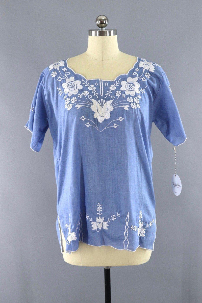 Vintage Chambray Blue Mexican Embroidered Tunic Blouse