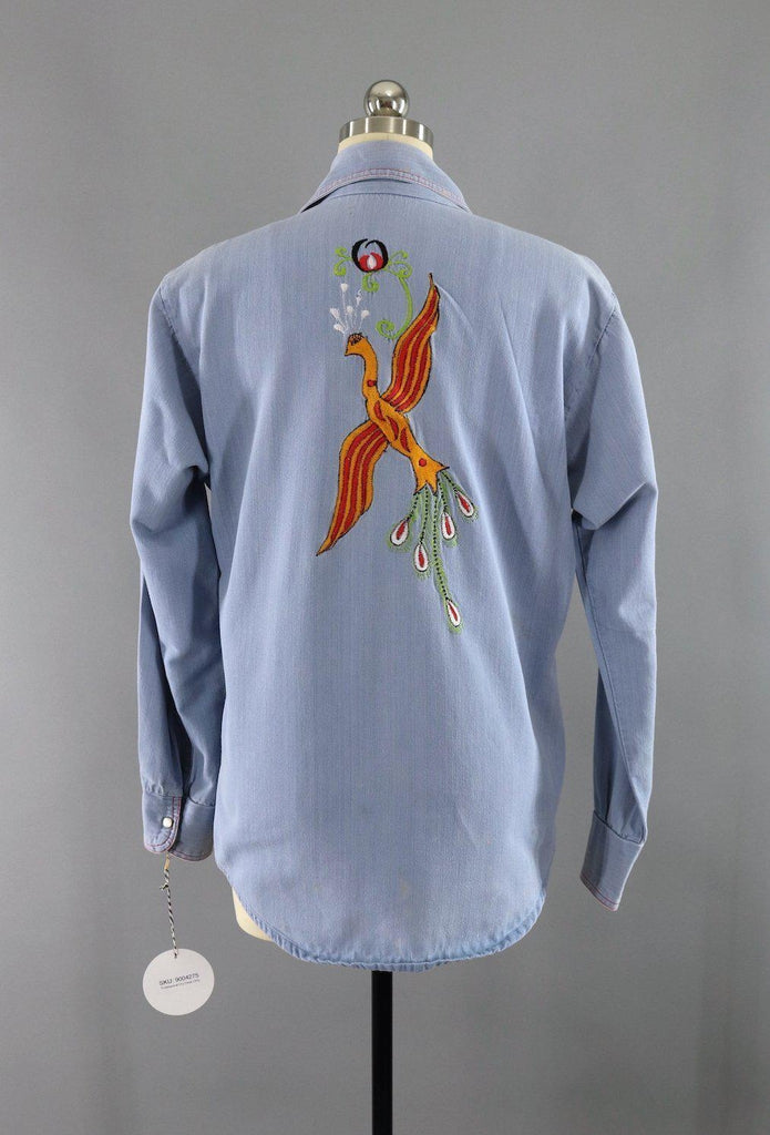 Vintage Chambray Denim Western Shirt / Phoenix Bird Floral Embroidery ...