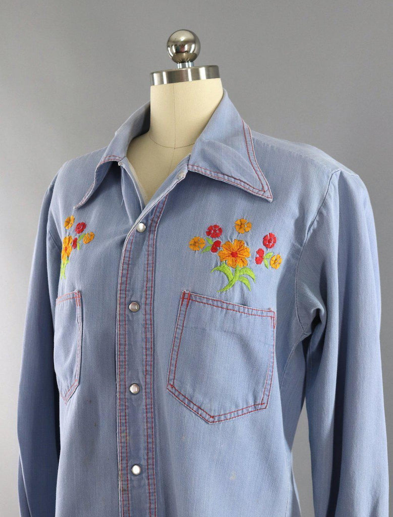 Vintage Chambray Denim Western Shirt / Phoenix Bird Floral Embroidery ...