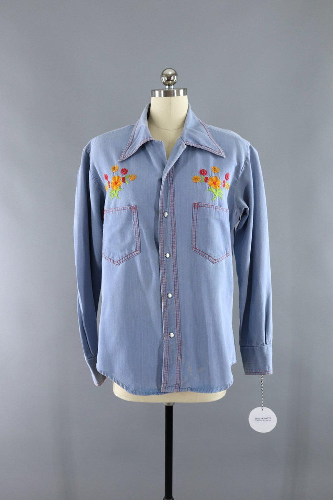 Vintage Chambray Denim Western Shirt / Phoenix Bird Floral Embroidery ...