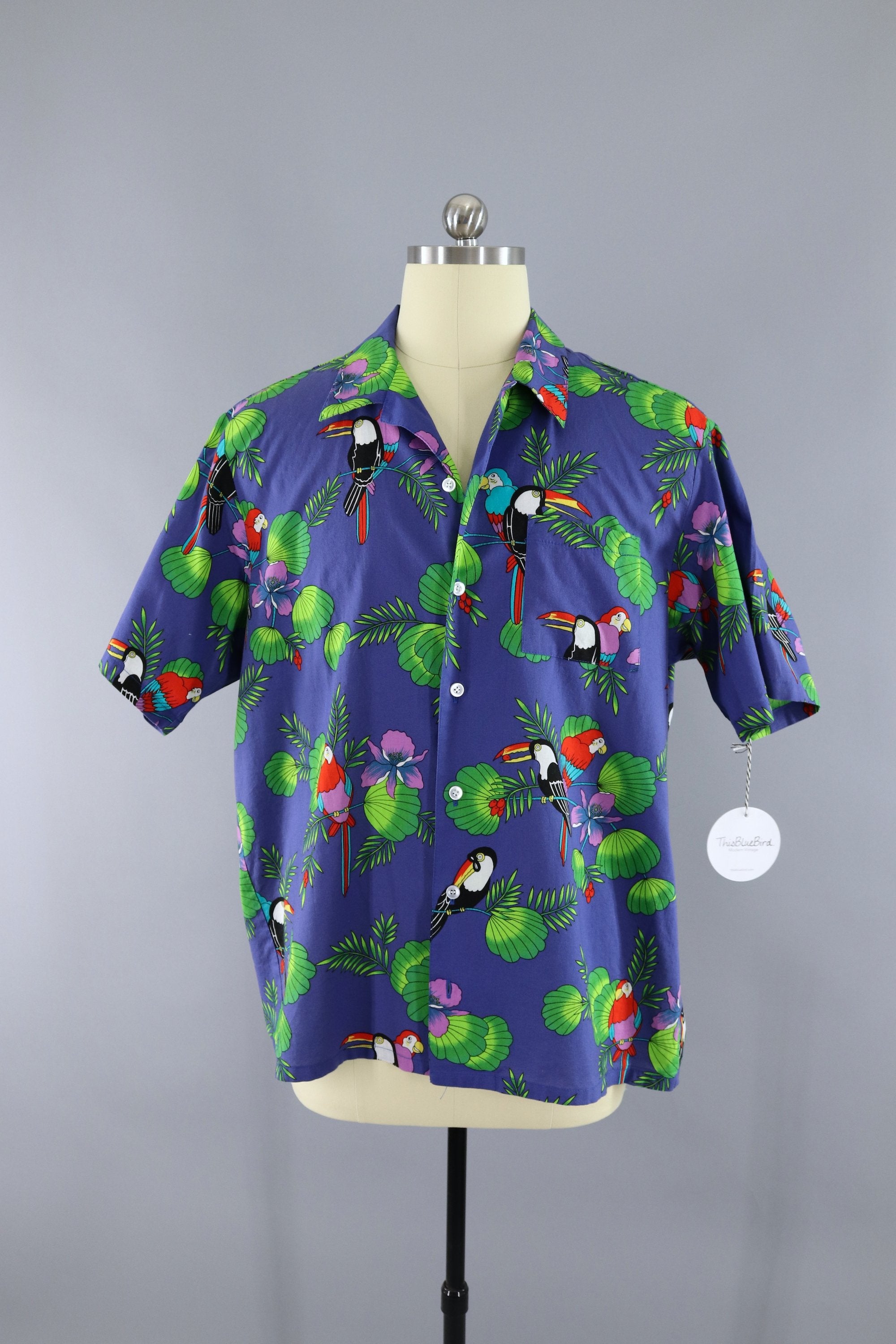 Vintage Hawaiian Shirt / Purple Blue Toucan Birds & Palm Trees