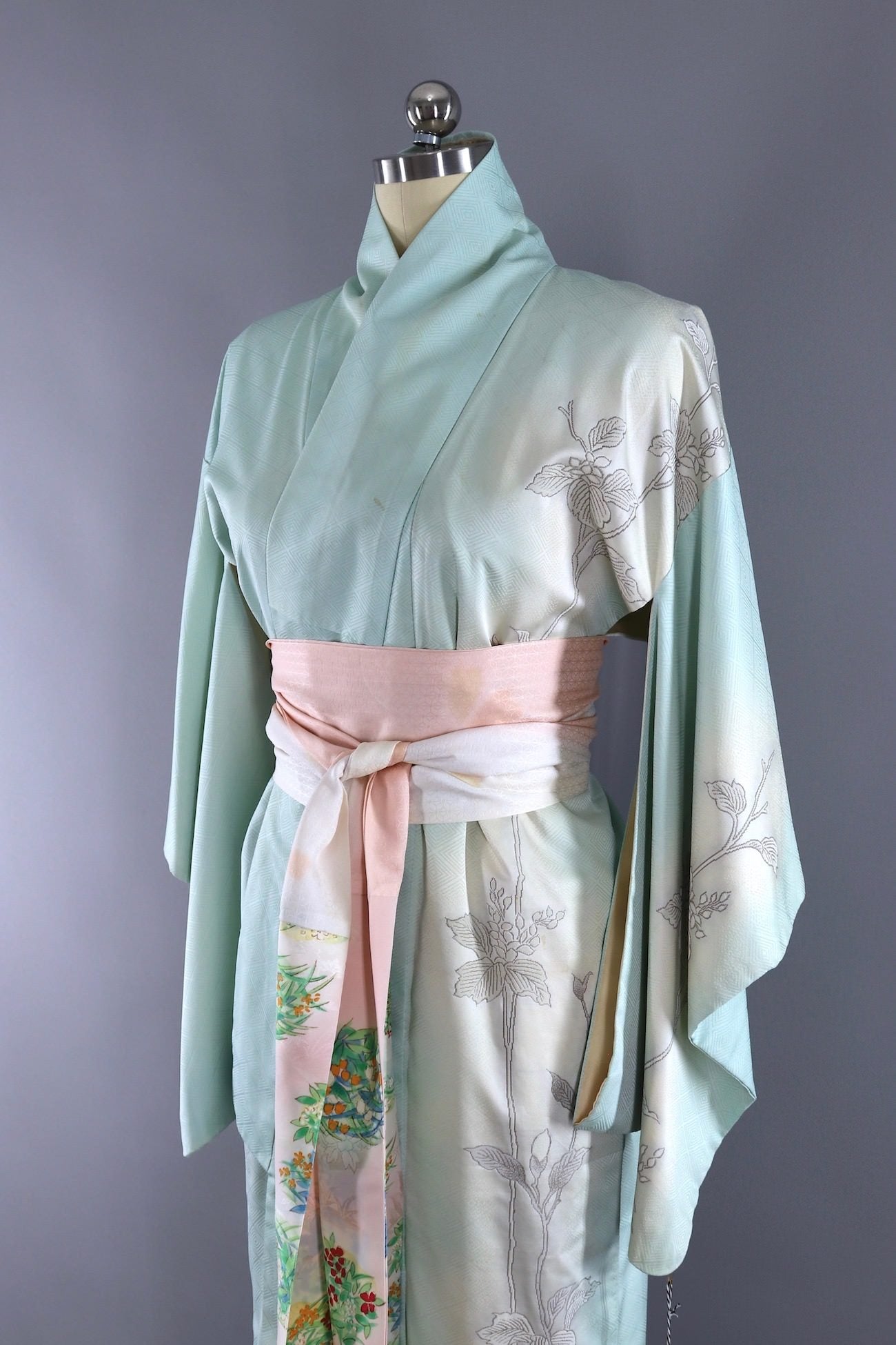 Vintage Ice Blue Silk Kimono Robe with Pink and Silver Urushi Embroide