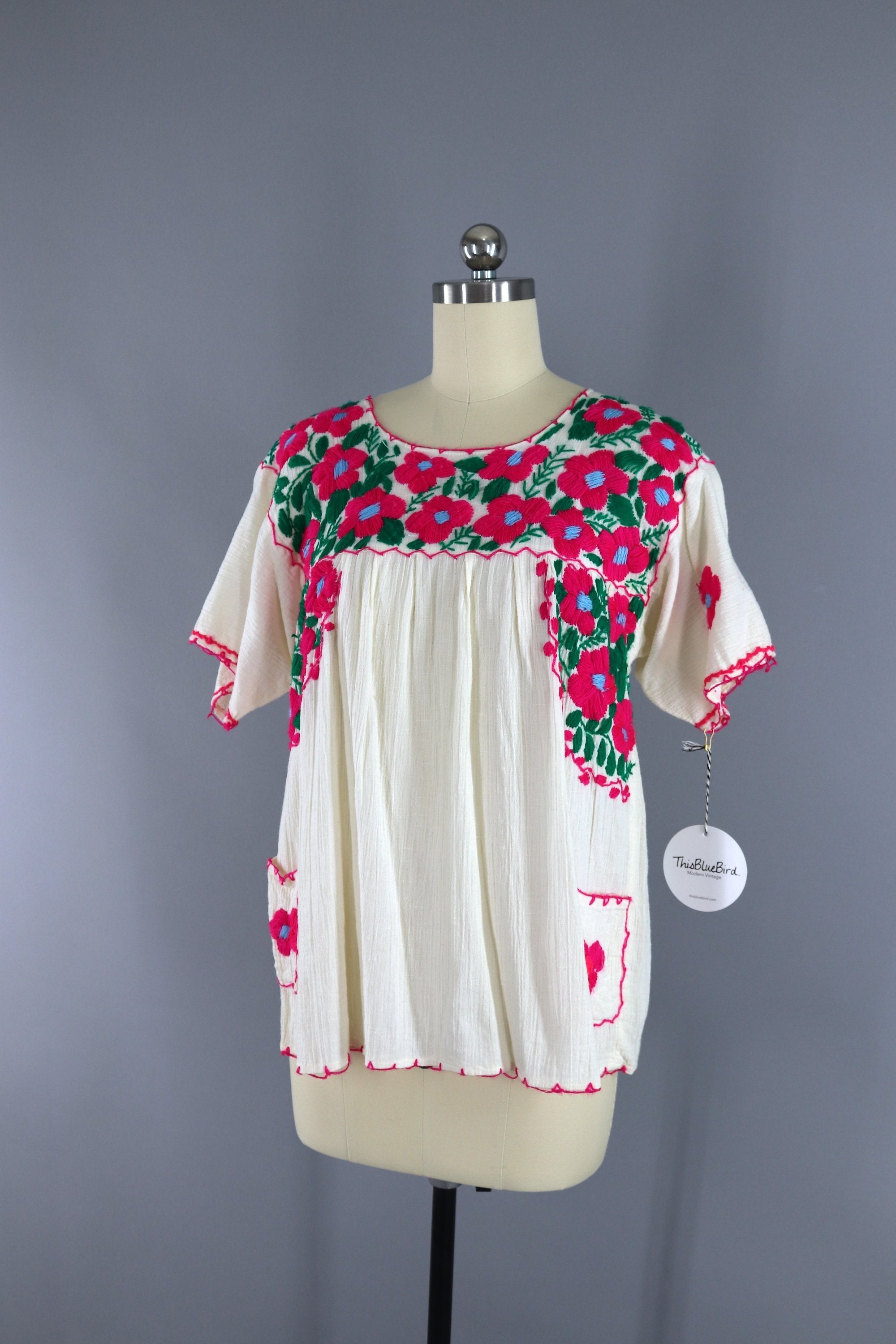 Vintage Mexican Oaxacan Huipil Embroidered Blouse / Off White & Pink F