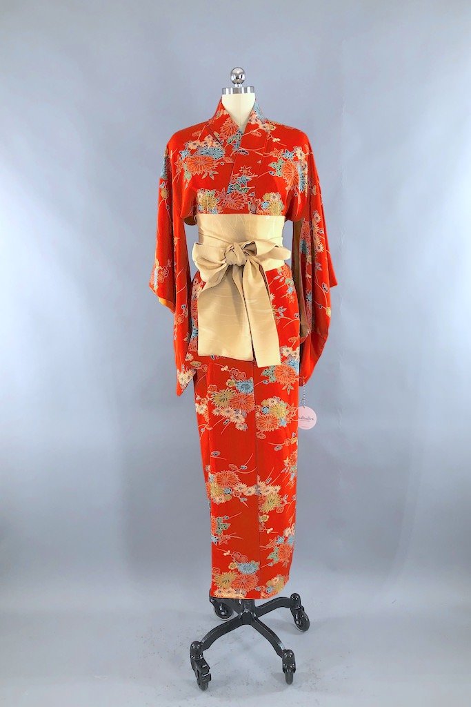 Vintage Orange Floral Print Silk Kimono Robe – ThisBlueBird
