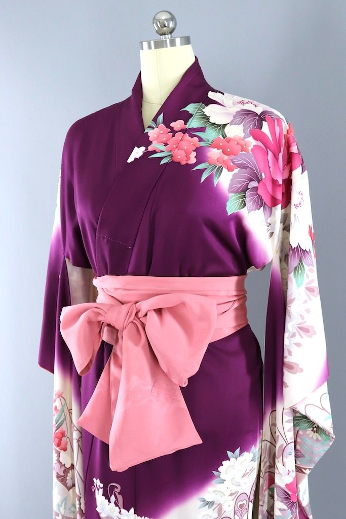 Vintage Purple Floral Furisode Kimono