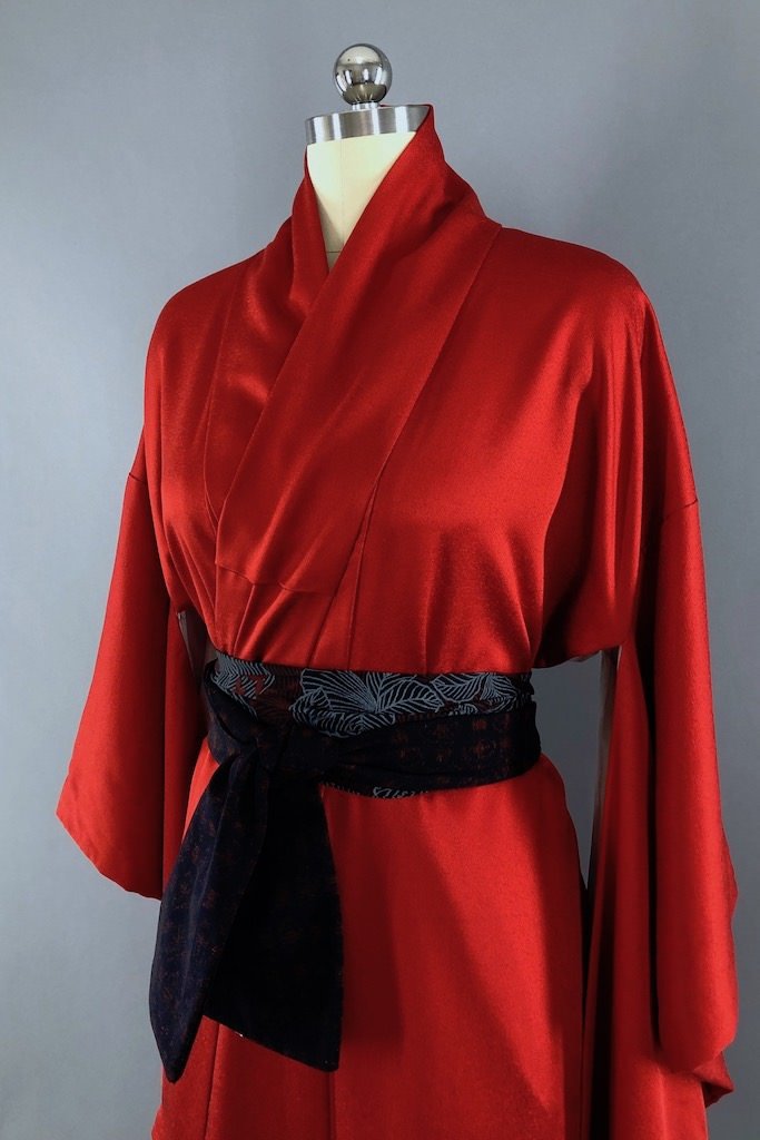 Vintage Red & Black Silk Kimono Robe