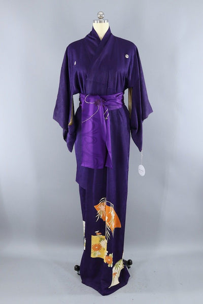 Vintage Royal Purple Silk Bamboo Print Kimono